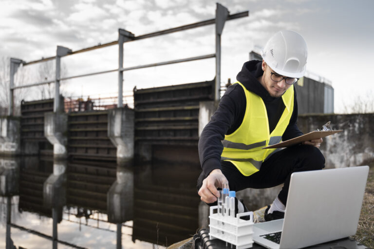 full shot engineer with laptop outdoors