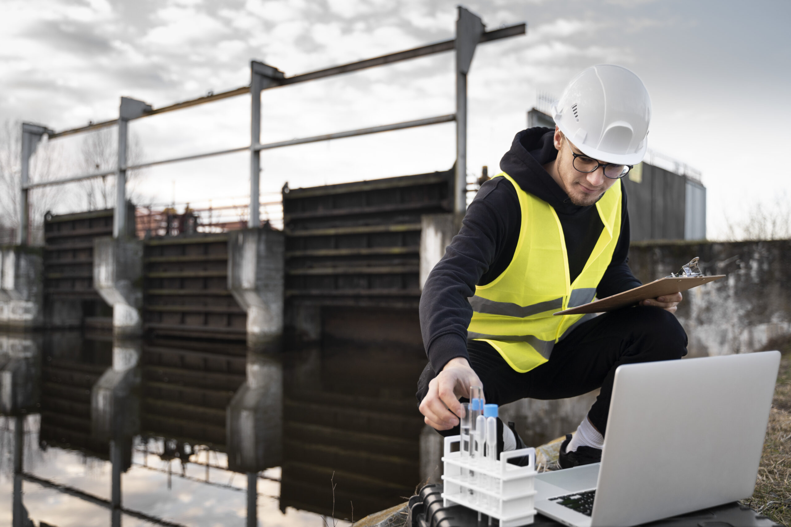 full shot engineer with laptop outdoors scaled