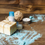 high angle hygiene products with wooden background