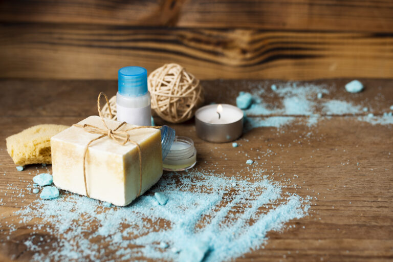 high angle hygiene products with wooden background